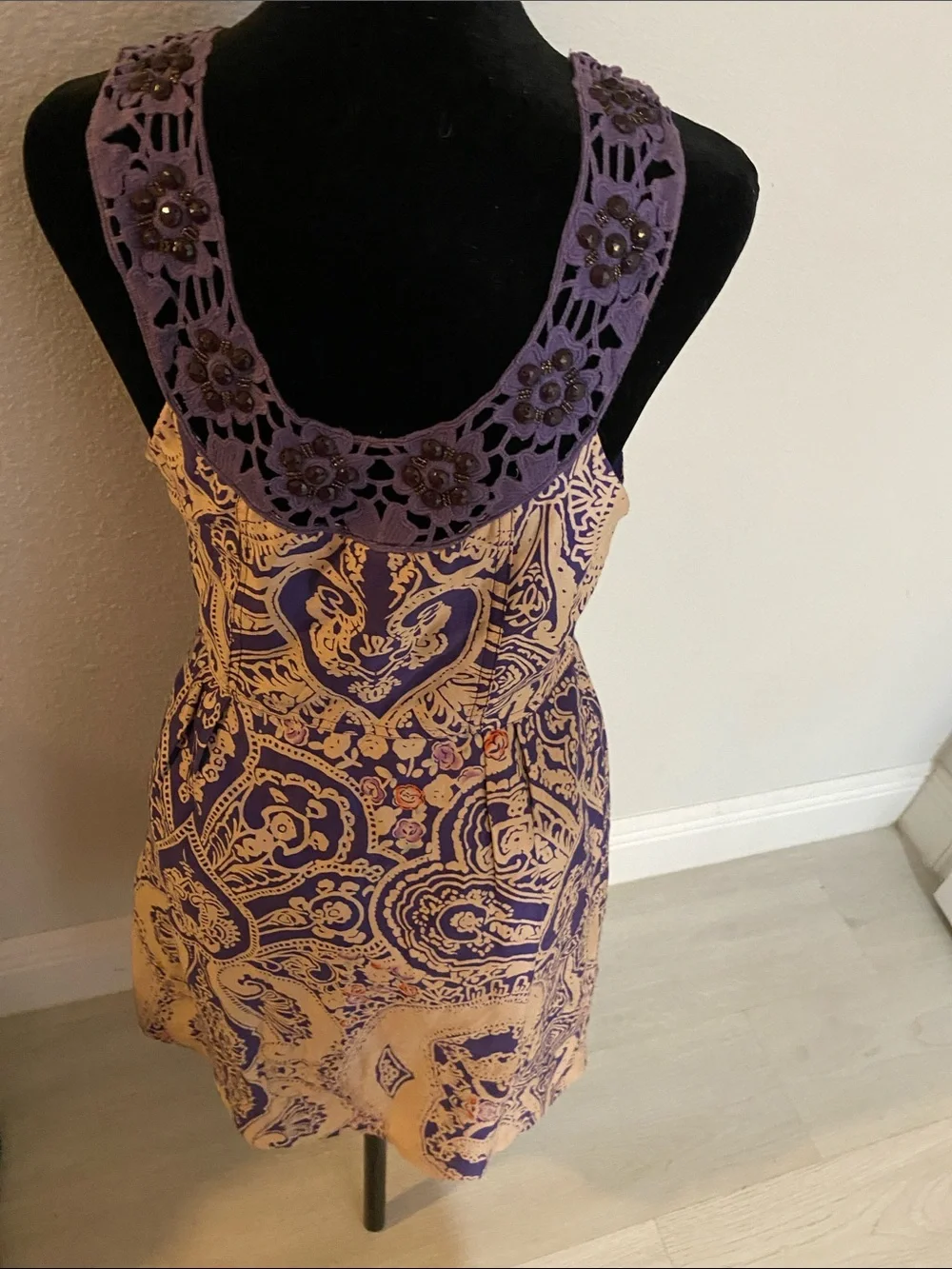 Free People Purple and Cream Paisley Midi Dress with Crochet Yoke